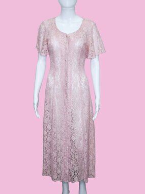1990s ALL THAT JAZZ Semi Sheer Lace Button Up Dress W/Flutter Sleeves. Small